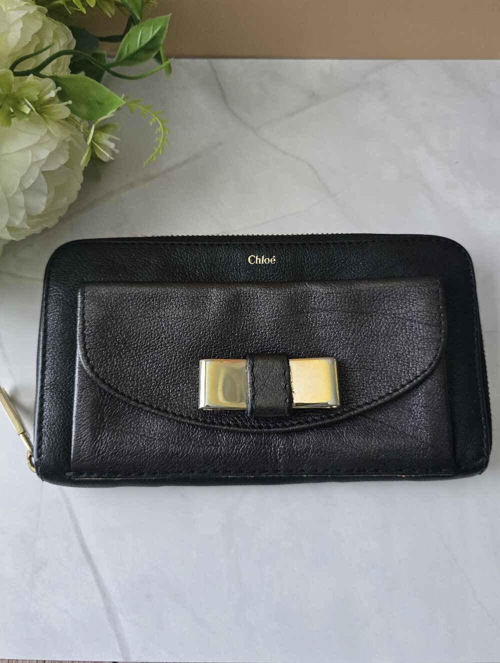 Chloe Lily Black Leather Zip-Around Wallet with Gold Bow Accent